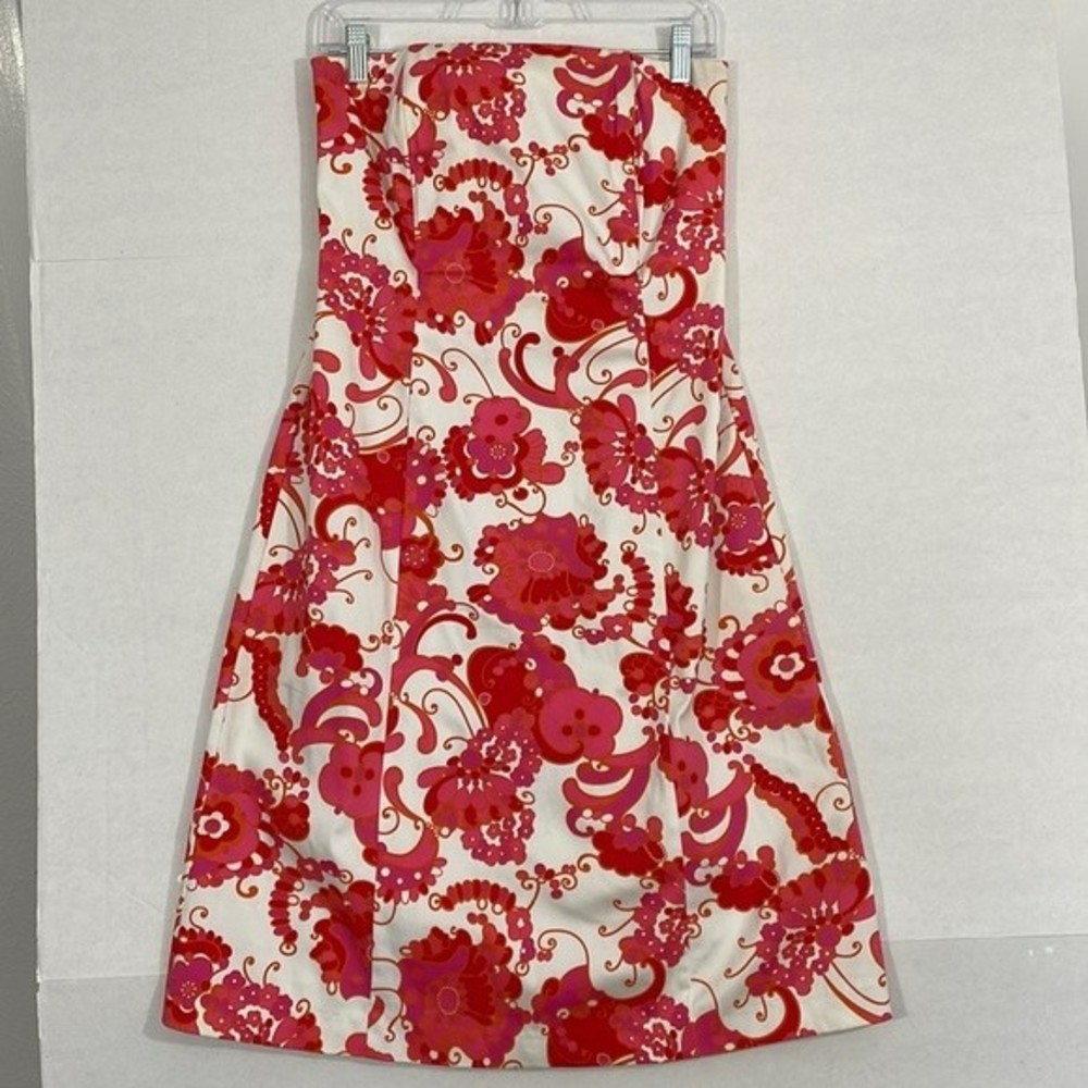 Kensie Strapless Dress, Lined, Rear Zip, White Pink Orange 6